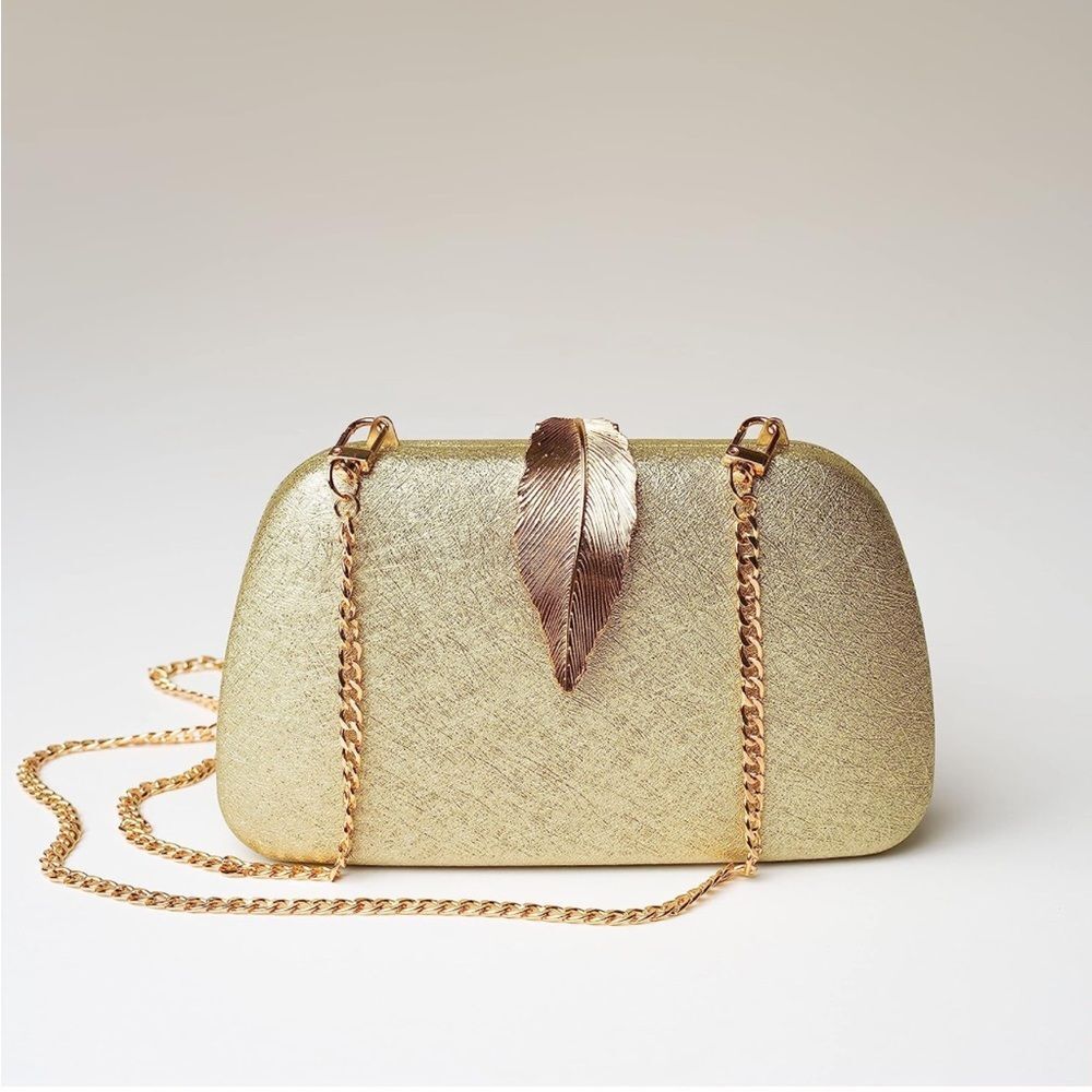 Gold Evening Crossbody Clutch Purse with Gold Leaf Snap Luxury Vegan Leather - Picture 3 of 4